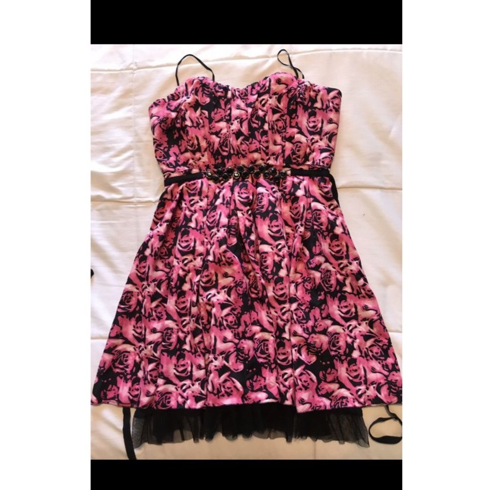 Pink dress with black and white floral print